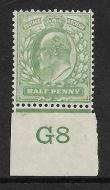 Sg 218 ½d Yellowish-Green Control G8 imperf De La Rue MOUNTED MINT HINGED MM