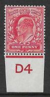 Sg 220 1d Scarlet Control D4 Imperf De La Rue MOUNTED MINT