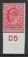 Sg 220 1d Scarlet Control D5 Plate 9 Imperf De La Rue MOUNTED MINT