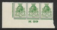1929 ½d PUC Control K 29 strip of 3 UNMOUNTED MINT NO hinge
