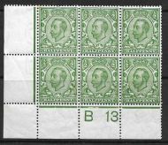 N5(1) ½d Green Corner block of 6 control B13 perf 2A UNMOUNTED MINT
