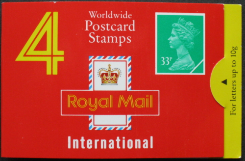 GJ1B 4 x worldwide postcard stamps (33p) Barcode Booklet complete - No Cylinder