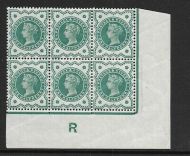 ½d Green Jubilee control R block of 6 - single perf through bottom margin MNH