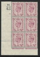 1938 6d Purple Dark colours N43 32 No Dot perf 2(I E) block 6 UNMOUNTED MINT MNH