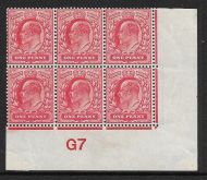 M5(1) 1d Scarlet EDVII De La Rue control G7 Imperf MOUNTED MINT