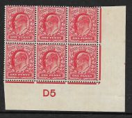 M5(1) 1d Scarlet EDVII De La Rue control D5 Imperf UNMOUNTED MINT