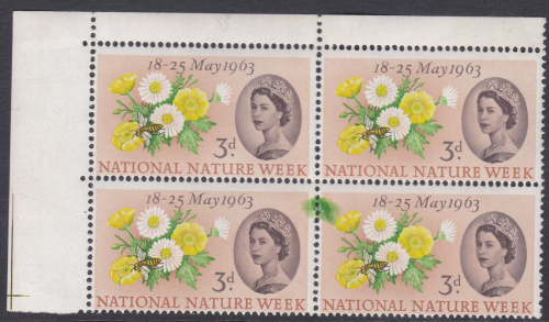 1963 sg637 Nature Week Top Left Corner Block With Perf shift Unmounted Mint