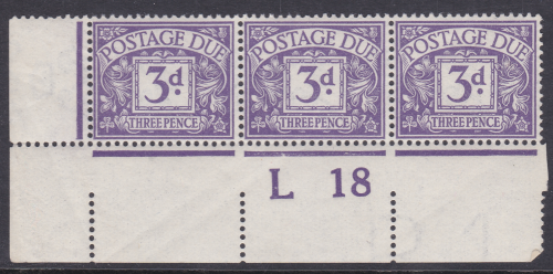 D5a Bluish Violet 3d Royal Cypher Postage due L18 Strip of 3 UNMOUNTED MINT