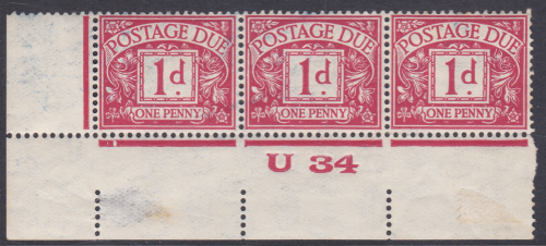 D11 1d Harrison Printings Postage due U34 imperf Strip of 3 Unmounted Mint