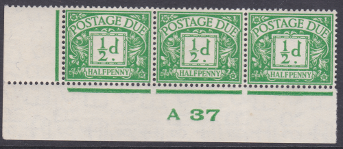 D19 ½d Edward VIII Postage due Control strip of 3 A 37  UNMOUNTED MINT