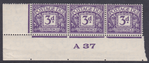 D22 3d Edward VIII Postage due Control strip of 3 A 37  UNMOUNTED MINT