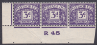 D30 3d George VI Postage due Control strip of 3 R 45  UNMOUNTED MINT