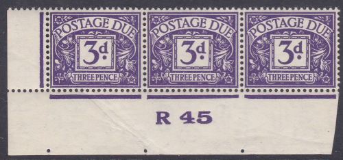 D30 3d George VI Postage due Control strip of 3 R 45  UNMOUNTED MINT