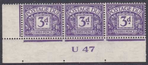 D30 3d George VI Postage due Control strip of 3 U 47  UNMOUNTED MINT