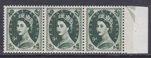 S128c 9d Wilding Violet Phos variety - Frame Break Strip of 3 UNMOUNTED MINT MNH
