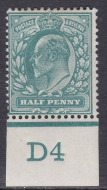 Sg 216 ½d Blue-Green Control D4 imperf De La Rue MOUNTED MINT