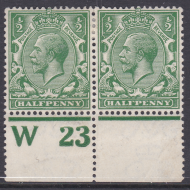 N14(18) ½d Deep Cobalt Green Control pair W23 Perf wmk type 2 MOUNTED MINT
