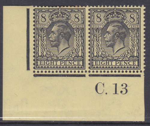 N28(1) 8d Black on Yellow Royal Cypher Control C.13 imperf Pair UNMOUNTED MINT