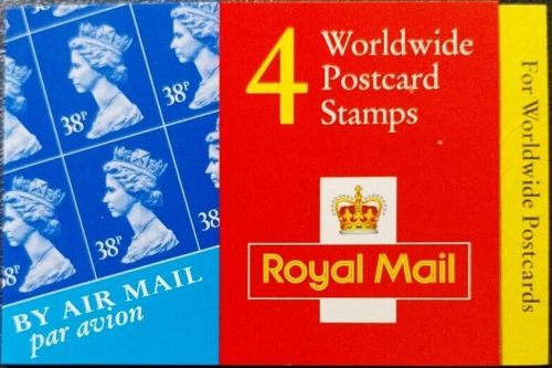 GLA1 Barcode Booklet 4 x 38p Worldwide Postcard stamps - complete  - Cylinder W1