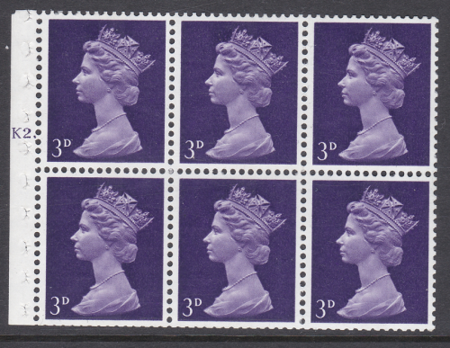 UB6 3d Pre-Decimal machin booklet pane Cyl K2 Top  dot UNMOUNTED MINT