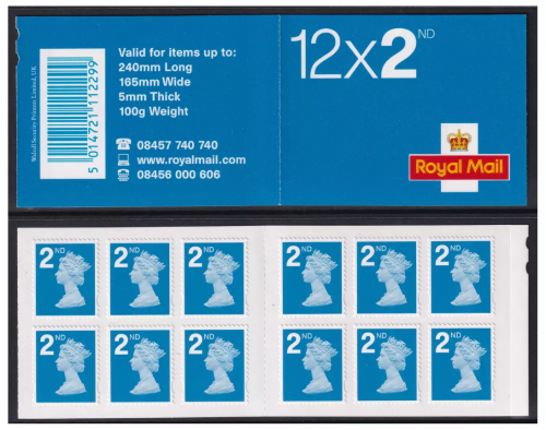 RD1 12 x 2nd class stamps barcode booklet - Self Adhesive MINT MNH - Cyl W1