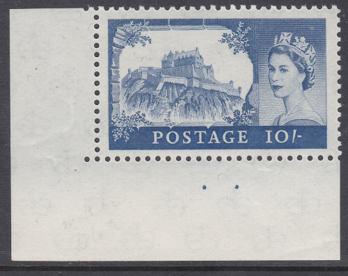 Sg597 T16a De La Rue Castle ultramarine cream paper 2 dots corner margin U M