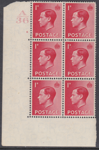 1d Edward VIII A36 Cylinder Block - 6 No Dot UNMOUNTED MINT