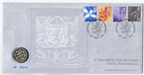 1999 FDC 1 coin cover Lion Parliament Scotland no. 8284 MINT condition