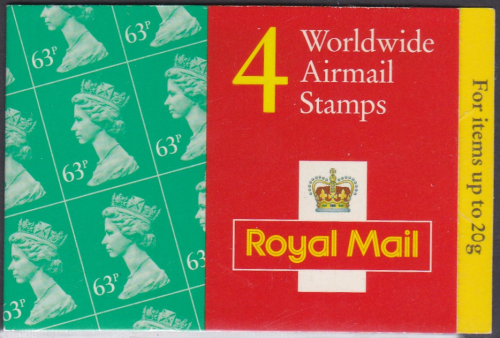 GR2 4 x Worldwide AirMail (63p) stamps Barcode booklet  - no Cylinder