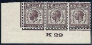 1929 1½d PUC Control K 29 Strip of 3 UNMOUNTED MINT MNH