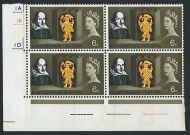 1964 Shakespeare 6d Phos Cyl Block with 2 Listed Flaws + Narrow Bands - MNH