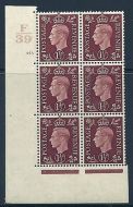 1937 1½d Brown Dark colours F39 153 No Dot perf 5(E I) block 6 UNMOUNTED MINT