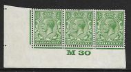 ½d Green Block Cypher Control M30 imperf strip of 3 UNMOUNTED MINT MNH