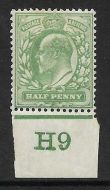 Sg 218 ½d Yellowish-Green Control H9 imperf De La Rue MOUNTED MINT MM