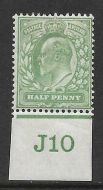 Sg 218 ½d Yellowish-Green Control J10 imperf De La Rue MOUNTED MINT MM
