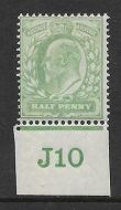 Sg 218 ½d Yellowish-Green worn plate Control J10 imperf De La Rue MOUNTED MINT