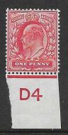 Sg 220 1d Scarlet Control D4 Imperf De La Rue UNMOUNTED MINT