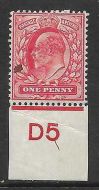 Sg 220 1d Scarlet Control D5 Imperf De La Rue MOUNTED MINT
