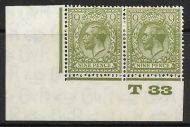N43(4) 9d Olive Yellow Green Block Cypher Control T33 imperf pair MOUNTED MINT