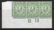 N5(1) ½d Green Strip of 3 control B13 perf 2 UNMOUNTED MINT