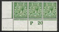 N14(7) ½d Deep Bright Green Control P20 perf strip of 3 MOUNTED MINT