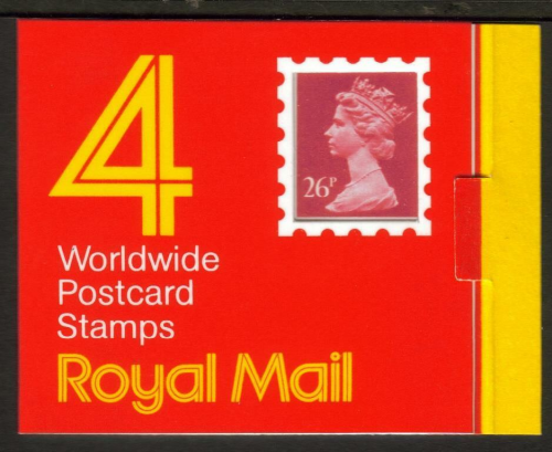 GE1 4 x 26p worldwide postcard stamps with J on rear Barcode Booklet - No Cyl