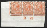 N19(5) 2d Orange Royal Cypher Control R 21 imperf strip of 3 MOUNTED MINT