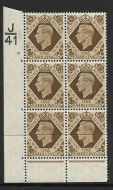 1939 1 - Bistre-Brown J41 6 No Dot perf 6C(E P) block 6 UNMOUNTED MINT