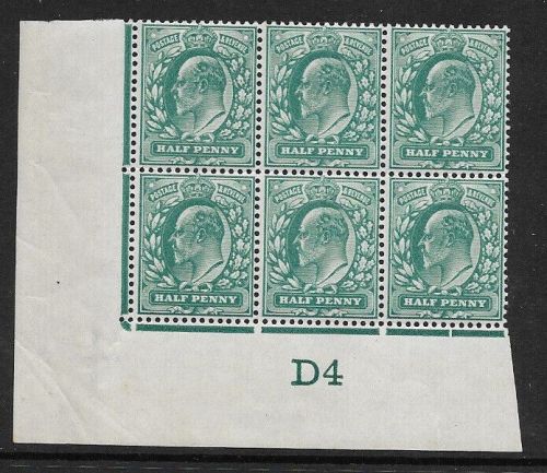 Sg 216 M1(2) ½d Blue-Green Control D4 imperf De La Rue perf H1 UNMOUNTED MINT