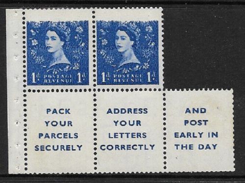 SB29 1d Wilding booklet pane with dry print - missing 1 stamp UNMOUNTED MINT MNH