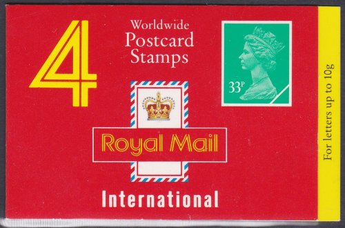 GJ1 Barcode Booklet 4 x 33p Worldwide Postcard stamps - Cylinder W1W1W1