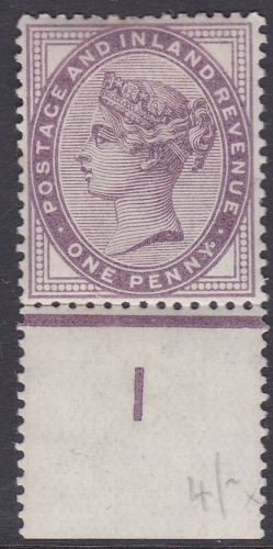 1d Lilac control I perf single with marginal rule MOUNTED MINT