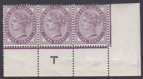 Sg 172 1d lilac control T perf Strip of 3 Broken Corner Rule MOUNTED MINT