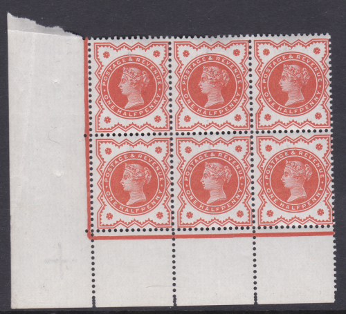 Sg197 K27(3) ½d Vermilion Block of 6 w  doubled perfs at base UNMOUNTED MINT